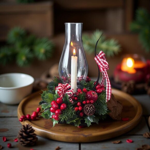 Vintage Christmas Holly & Berry Candle Holder with Glass Globe Hurricane Candle - Picture 1 of 13